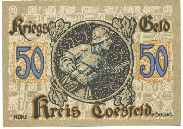 Coesfeld , Notgeld 50 Pfennig -MUSTER- Schein unc-kfr. Tieste 1185.05.02.M , NRW o.D. Verkehrsausgabe -4102-