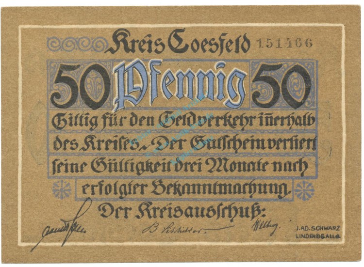 Coesfeld , Notgeld 50 Pfennig Schein unc-kfr. Tieste 1185.05.11 , NRW o.D. Verkehrsausgabe -4107-