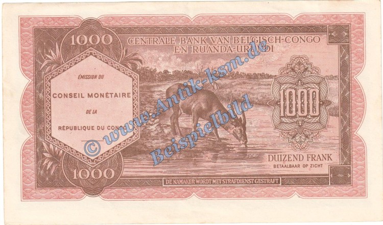 Congo Banknote , 1000 Francs Schein in f-kfr. von 1962 , Banque Central Du Congo