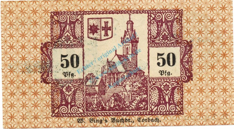 Corbach , Notgeld 50 Pfennig Schein unc-kfr. Tieste 1200.05.11 , WAL 1920 Verkehrsausgabe -4125-