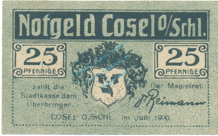 Cosel , Notgeld 25 Pfennig Schein unc-kfr. Tieste 1205.05.01  , OSL 1920 Verkehrsausgabe -4108-