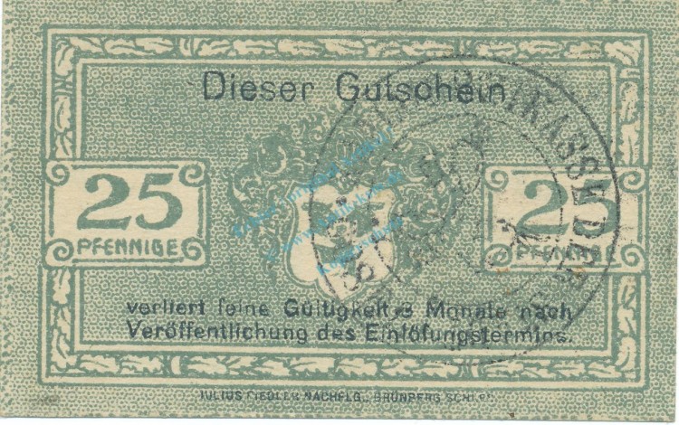 Cosel , Notgeld 25 Pfennig Schein unc-kfr. Tieste 1205.05.01  , OSL 1920 Verkehrsausgabe -4108-