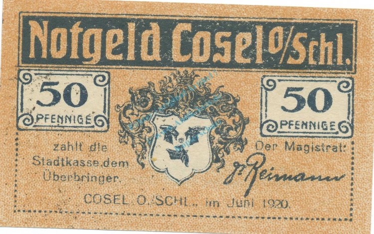 Cosel , Notgeld 50 Pfennig Schein unc-kfr. Tieste 1205.05.02  , OSL 1920 Verkehrsausgabe -4109-