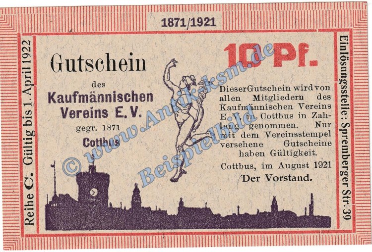 Cottbus , Notgeld 10 Pfennig Schein -C- in kfr. M-G 243.1 Brandenburg 1921 Seriennotgeld