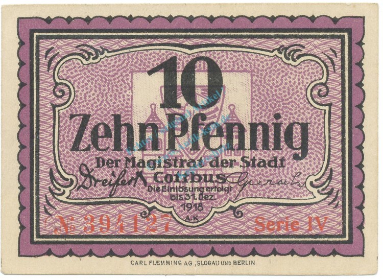 Cottbus , Notgeld 10 Pfennig Schein unc-kfr. Tieste 1210.25.16 , BBG o.D. Verkehrsausgabe -4132-