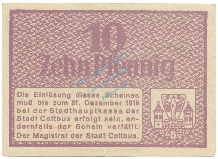 Cottbus , Notgeld 10 Pfennig Schein unc-kfr. Tieste 1210.25.16 , BBG o.D. Verkehrsausgabe -4132-