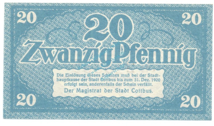 Cottbus , Notgeld 20 Pfennig Schein unc-kfr. Tieste 1210.25.21 , BBG o.D. Verkehrsausgabe -4130-