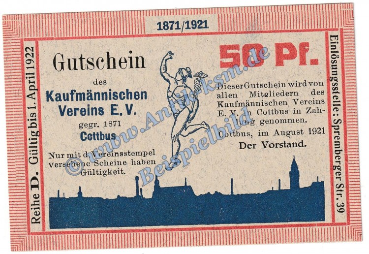 Cottbus , Notgeld 50 Pfennig Schein -D- in kfr. M-G 243.1 Brandenburg 1921 Seriennotgeld