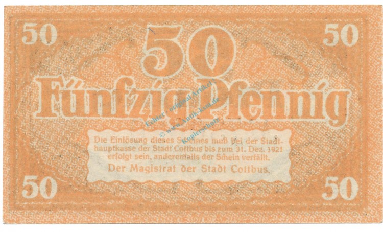 Cottbus , Notgeld 50 Pfennig Schein unc-kfr. Tieste 1210.25.28 , BBG o.D. Verkehrsausgabe -4133-