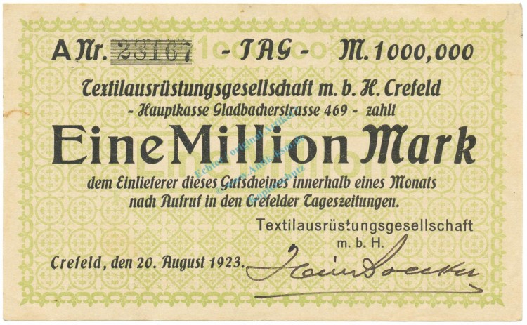Crefeld , Banknote 1 Million Mark Schein unc-kfr. Keller 928 , Rheinland 1923 Inflation