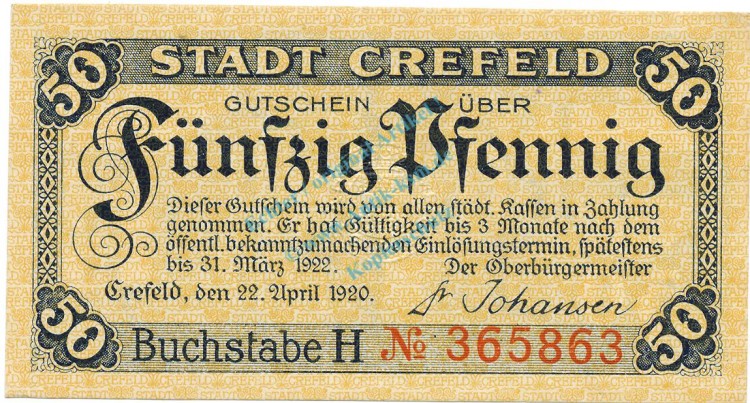 Crefeld , Notgeld 50 Pfennig Schein unc-kfr. Tieste 1220.05.26 , RHL 1920 Verkehrsausgabe -4142-