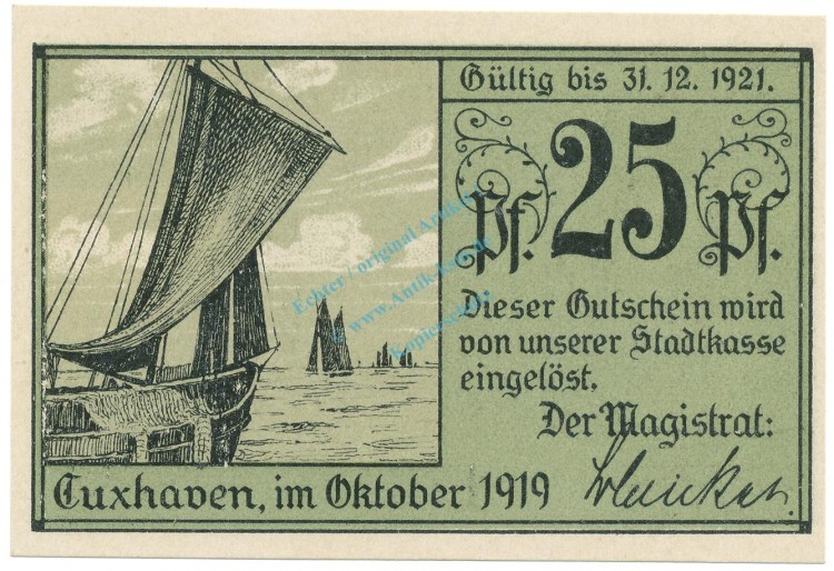 Cuxhaven , Notgeld 25 Pfennig Schein unc-kfr. Tieste 1255.15.05 NDS 1919 Verkehrsausgabe -4075-