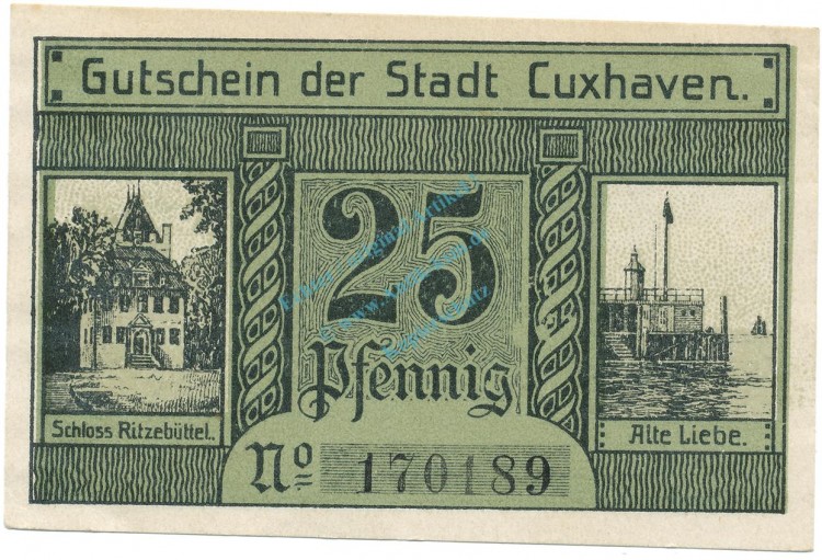 Cuxhaven , Notgeld 25 Pfennig Schein unc-kfr. Tieste 1255.15.05 NDS 1919 Verkehrsausgabe -4075-