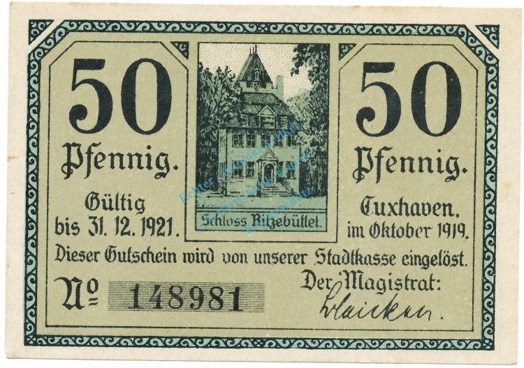 Cuxhaven , Notgeld 50 Pfennig Schein unc-kfr. Tieste 1255.15.06 NDS 1919 Verkehrsausgabe -4076-