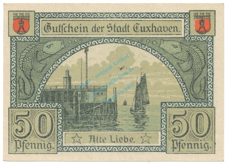 Cuxhaven , Notgeld 50 Pfennig Schein unc-kfr. Tieste 1255.15.06 NDS 1919 Verkehrsausgabe -4076-