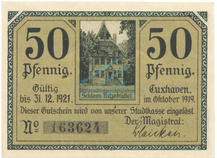 Cuxhaven , Notgeld 50 Pfennig Schein unc-kfr. Tieste 1255.15.11 NDS 1919 Verkehrsausgabe -4077-