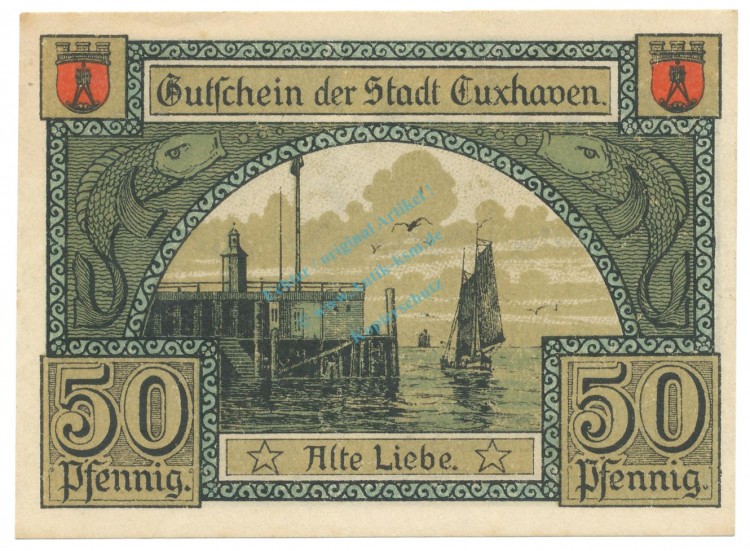 Cuxhaven , Notgeld 50 Pfennig Schein unc-kfr. Tieste 1255.15.11 NDS 1919 Verkehrsausgabe -4077-