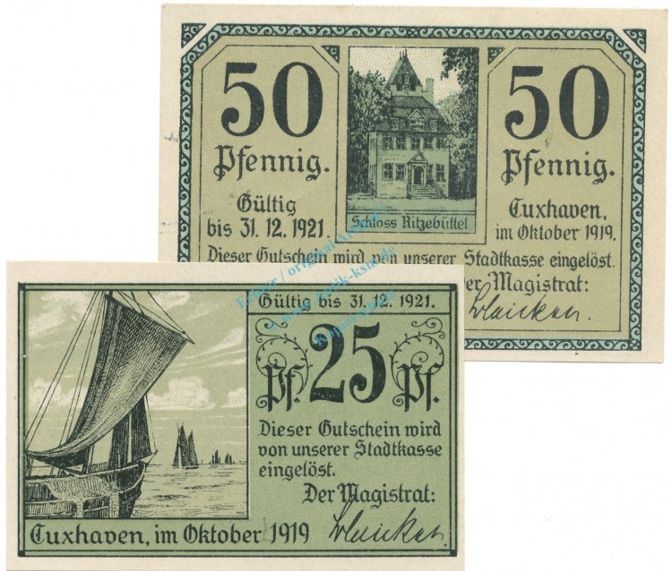 Cuxhaven , Notgeld Set mit 2 Scheinen unc-kfr. Tieste 1255.15.05-06 NDS 1919 Verkehrsausgabe -4074-