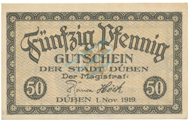 Düben , Notgeld 50 Pfennig Schein unc-kfr. Tieste 1520.05.03 , S 1919 Verkehrsausgabe -4061-