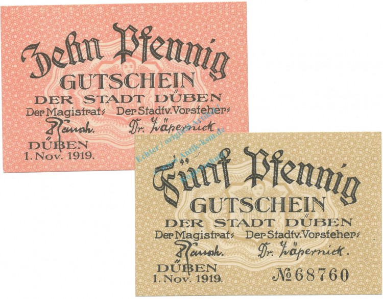 Düben , Notgeld Set 2 Scheine unc-kfr. Tieste 1520.05.05-06  , PrS 1919 Verkehrsausgabe -4116-