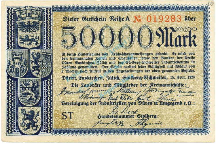 Düren , Banknote 50.000 Mark Schein L-gbr. Keller 1140... Rheinland 1923 Inflation