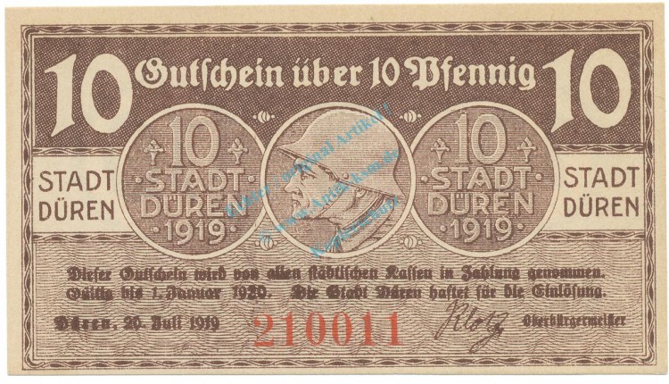 Düren , Notgeld 10 Pfennig Schein unc-kfr. Tieste 1530.10.55 , RHL 1919 Verkehrsausgabe -4069-