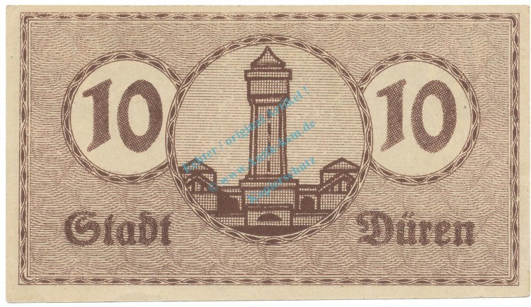 Düren , Notgeld 10 Pfennig Schein unc-kfr. Tieste 1530.10.55 , RHL 1919 Verkehrsausgabe -4069-