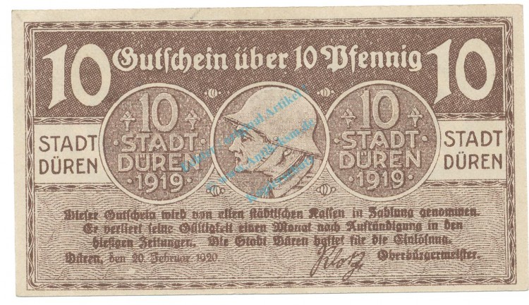 Düren , Notgeld 10 Pfennig Schein unc-kfr. Tieste 1530.10.60 RHL 1920 Verkehrsausgabe -4071-