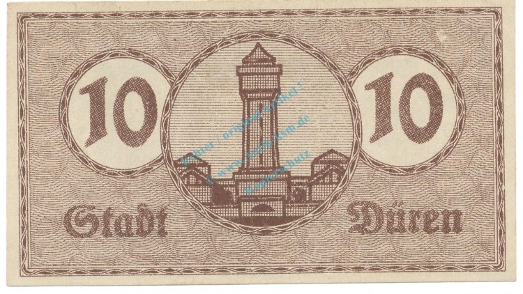 Düren , Notgeld 10 Pfennig Schein unc-kfr. Tieste 1530.10.60 RHL 1920 Verkehrsausgabe -4071-