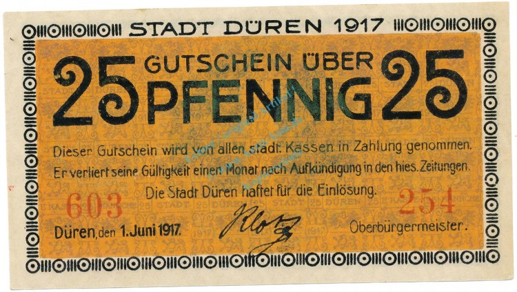 Düren , Notgeld 25 Pfennig -Achteckfluss- unc-kfr. Tieste 1530.10.30 , RHL 1917 Verkehrsausgabe -0107-