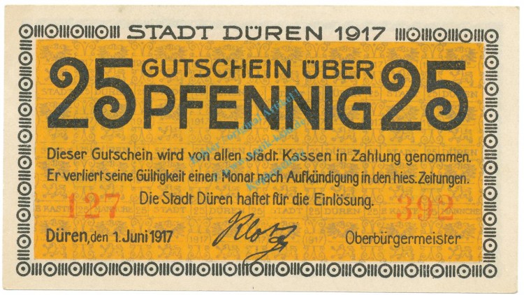 Düren , Notgeld 25 Pfennig Schein unc-kfr. Tieste 1530.10.20 , RHL 1917 Verkehrsausgabe -4068-