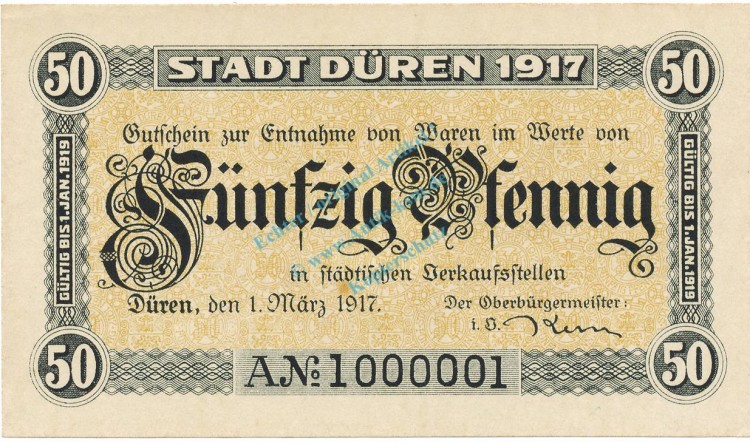 Düren , Notgeld 50 Pfennig Schein unc-kfr. Tieste 1530.10.05 RHL 1917 Verkehrsausgabe -4072-