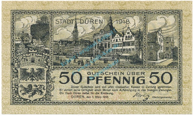 Düren , Notgeld 50 Pfennig Schein unc-kfr. Tieste 1530.10.45 RHL 1917 Verkehrsausgabe -4073-