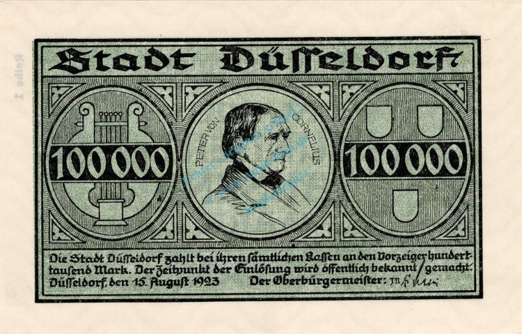 Düsseldorf , Banknote 100.000 Mark unc-kfr. Keller 1150.a , Rheinland 1923 Inflation