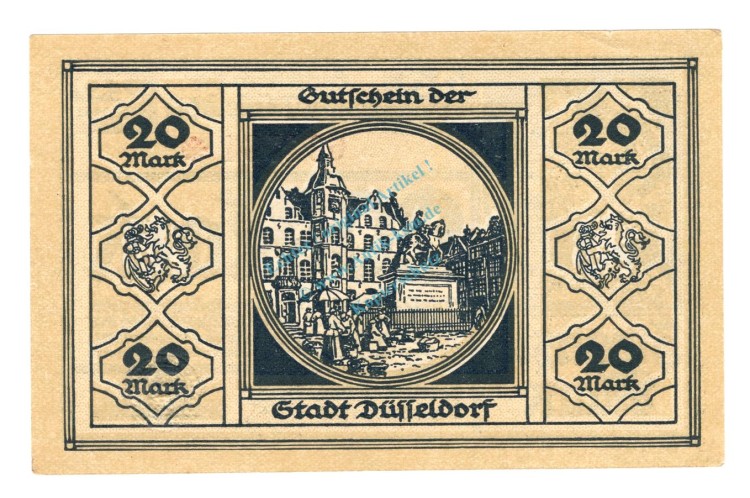 Düsseldorf , Banknote 20 Mark Schein unc-kfr. Geiger 114.32.a , Rheinland 1918 Grossnotgeld