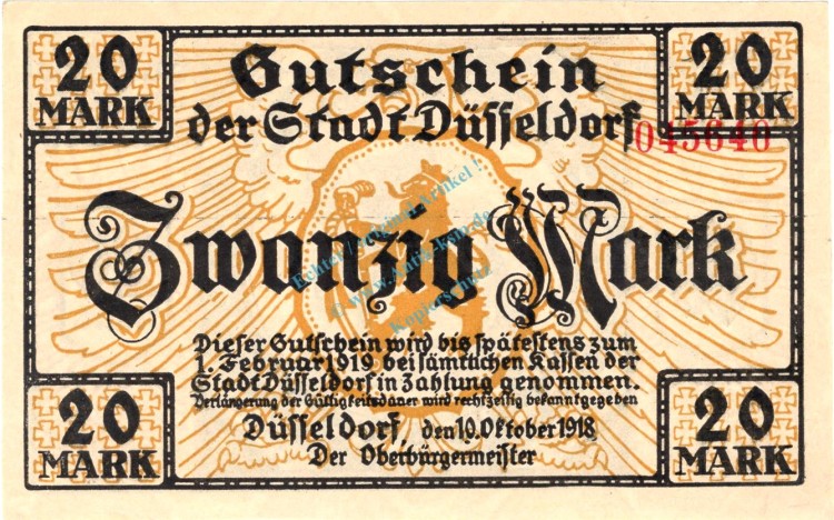 Düsseldorf , Banknote 20 Mark Schein unc-kfr. Geiger 114.33.b-c , Rheinland 1918 Grossnotgeld