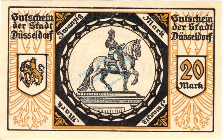Düsseldorf , Banknote 20 Mark Schein unc-kfr. Geiger 114.33.b-c , Rheinland 1918 Grossnotgeld