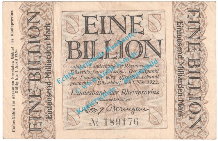 Düsseldorf , Notgeld 1 Billion Mark Schein in gbr. Keller 1166.cc , Rheinland 1923 Grossnotgeld Inflation