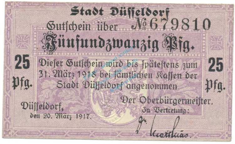Düsseldorf , Notgeld 25 Pfennig Schein L-gbr. Tieste 1535.30.01 , RHL 1917 Verkehrsausgabe -4148-