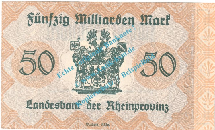 Düsseldorf , Notgeld 50 Milliarden Mark Schein in kfr. Keller 1166.bb , Rheinland 1923 Grossnotgeld Inflation