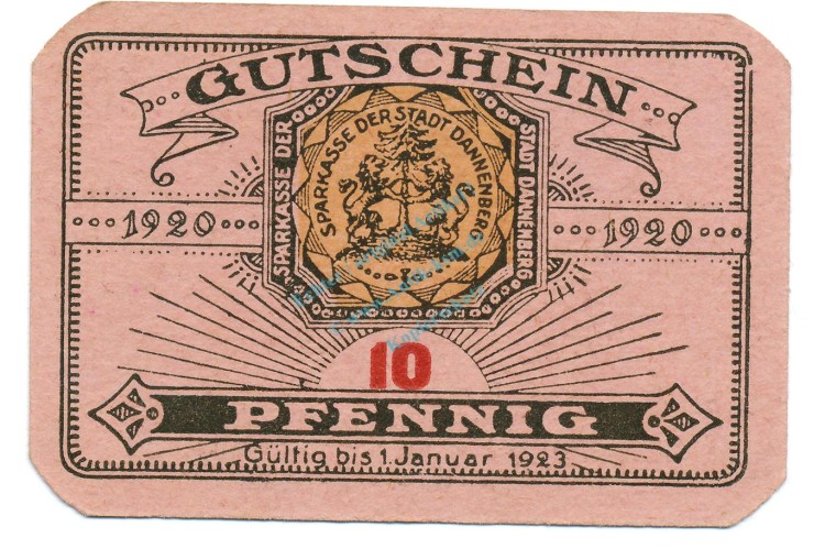 Dannenberg , Notgeld 10 Pfennig Schein unc-kfr. Tieste 1285.05.21 , NDS 1920 Verkehrsausgabe -4137-