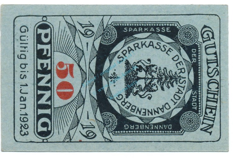 Dannenberg , Notgeld 50 Pfennig Schein unc-kfr. Tieste 1285.05.17 , NDS 1919 Verkehrsausgabe -4138-
