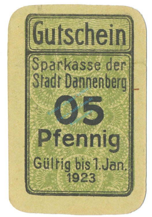 Dannenberg , Notgeld 5 Pfennig Schein unc-kfr. Tieste 1285.05.10 NDS o.D. Verkehrsausgabe -4091-