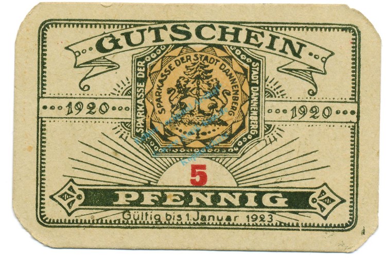 Dannenberg , Notgeld 5 Pfennig Schein unc-kfr. Tieste 1285.05.20 , NDS 1920 Verkehrsausgabe -4136-
