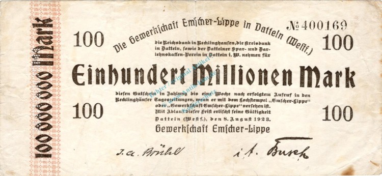 Datteln , Banknote 100 Millionen Mark Schein gbr. Keller 961 , Westfalen 1923 Inflation