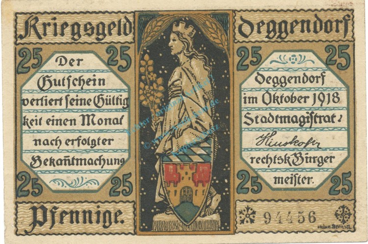 Deggendorf , Notgeld 25 Pfennig Schein unc-kfr. Tieste 1315.25.10 BAY 1918 Verkehrsausgabe -4083-