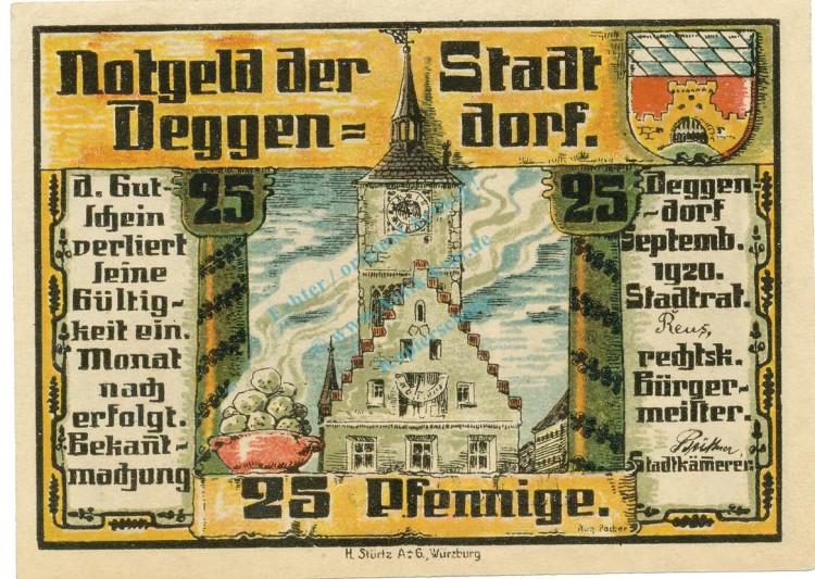 Deggendorf , Notgeld 25 Pfennig Schein unc-kfr. Tieste 1315.25.20 BAY 1920 Verkehrsausgabe -4079-