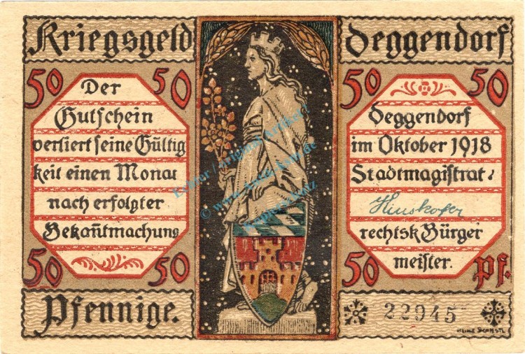 Deggendorf , Notgeld 50 Pfennig Schein unc-kfr. Ti.1315.25.02 , Bayern 1918 Verkehrsausgabe