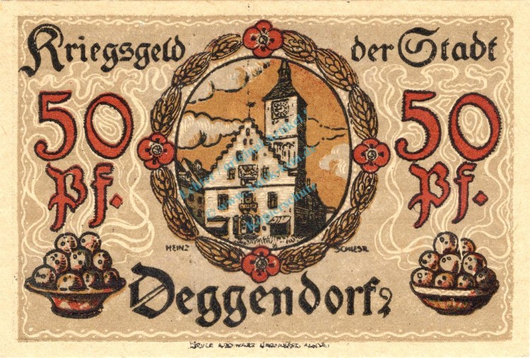 Deggendorf , Notgeld 50 Pfennig Schein unc-kfr. Ti.1315.25.02 , Bayern 1918 Verkehrsausgabe