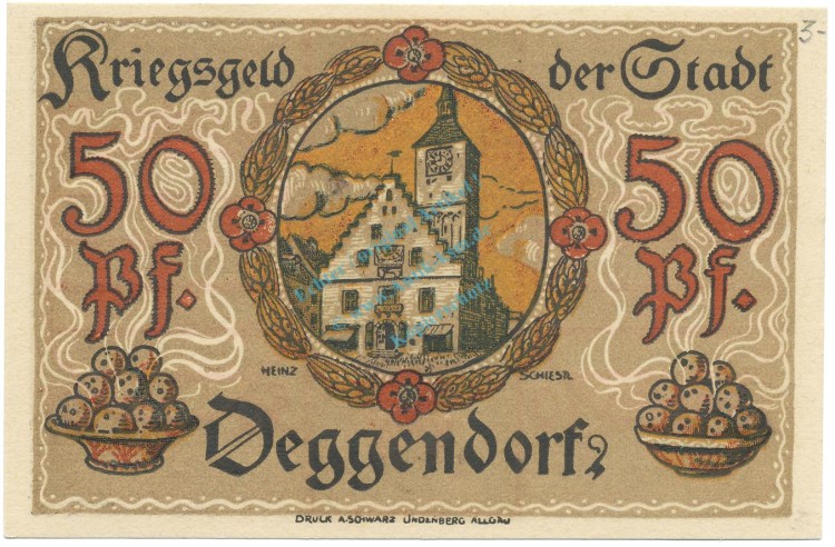 Deggendorf , Notgeld 50 Pfennig Schein unc-kfr. Tieste 1315.25.11 BAY 1918 Verkehrsausgabe -4084-
